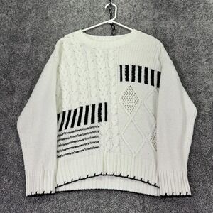 BKE Sweater Womens Medium White Cable Knit Long Sleeve Pullover Striped Casual